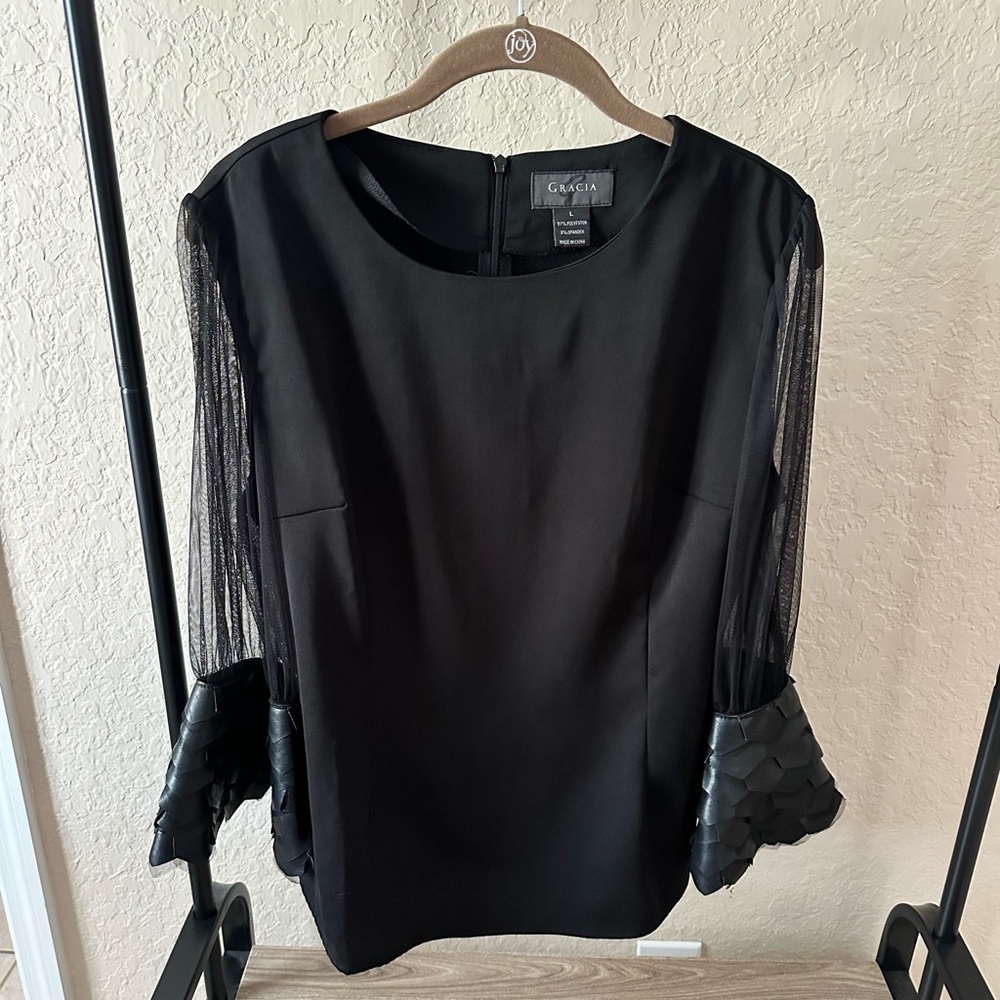 Gracia Black Blouse with Sheer Tulle Sleeves and Textured Cuffs